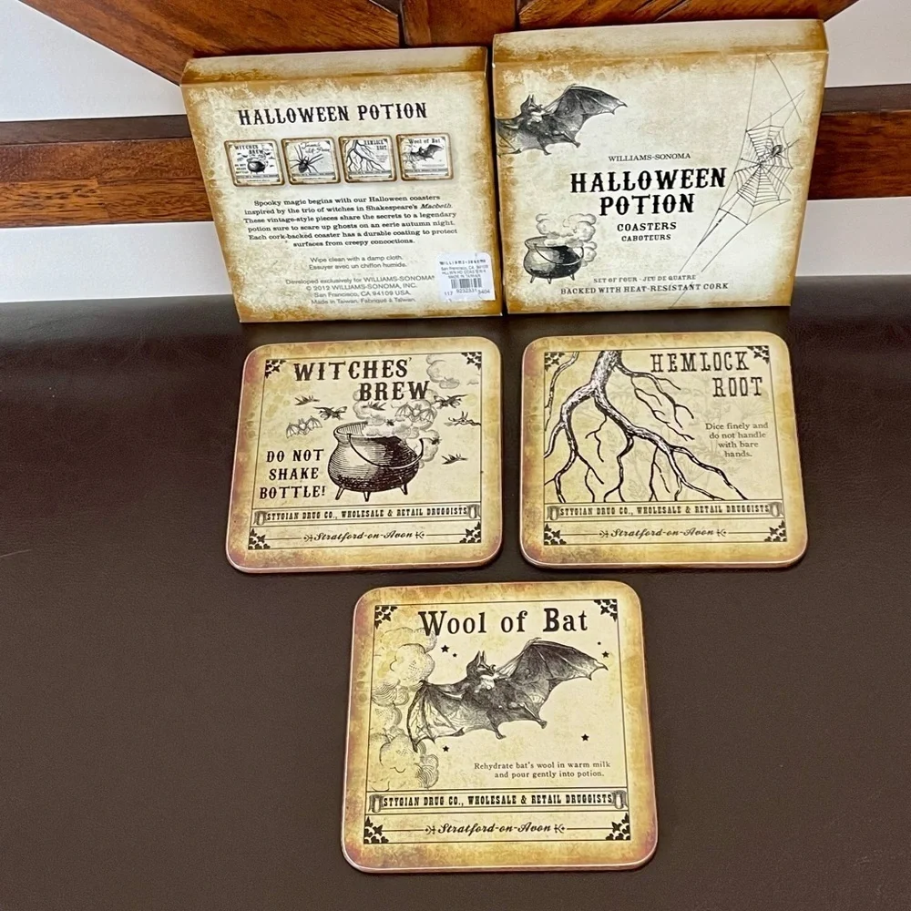 Williams Sonoma Halloween Potion set of 3 coasters spooky trick or treat party